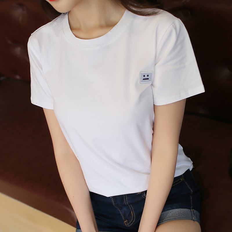 2016夏装新款韩版圆领纯白色笑脸宽松女T恤短袖全棉体恤显瘦百搭