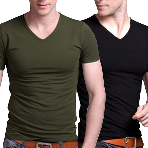 夏季纯棉男士短袖V领t恤 纯色净色运动汗衫紧身体恤 修身半袖内衣