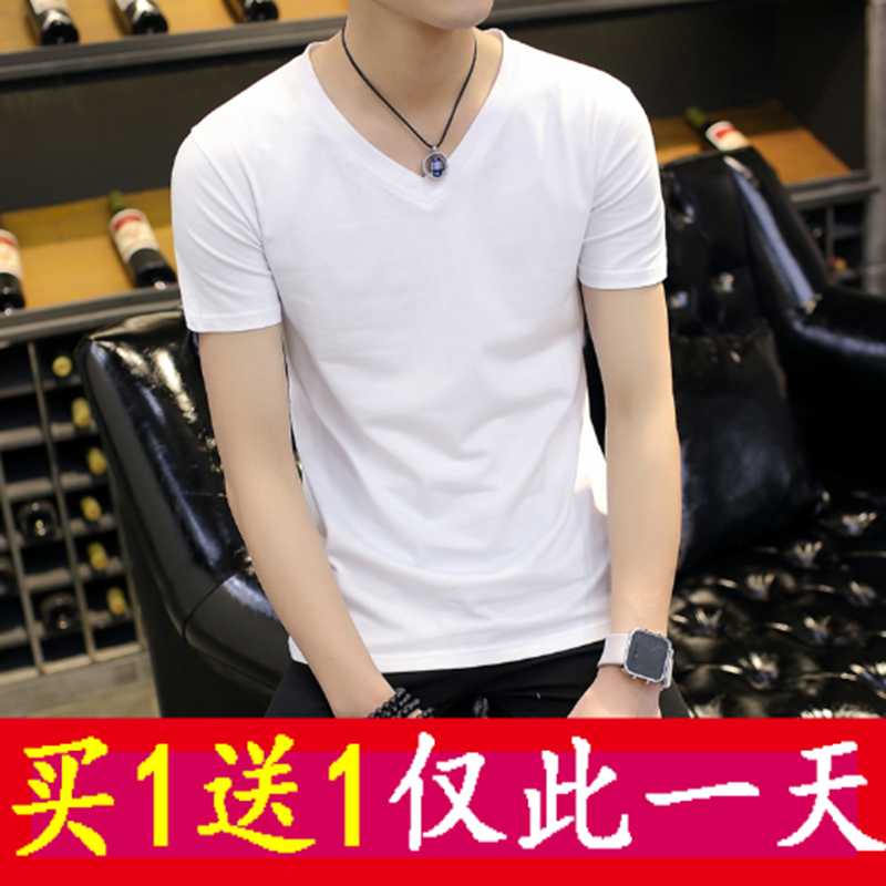 夏季纯棉韩版修身男士短袖T恤纯色V领体恤打底衫运动紧身纯白半袖
