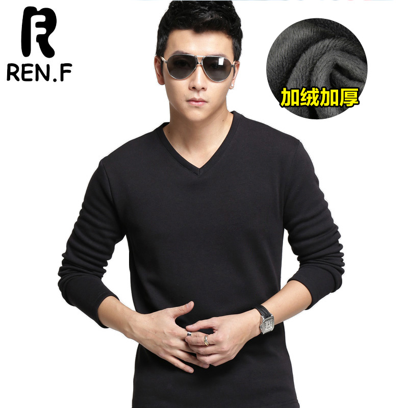 秋冬装新款男士V领加绒打底衫修身加厚保暖纯色长袖t恤潮男装内衣