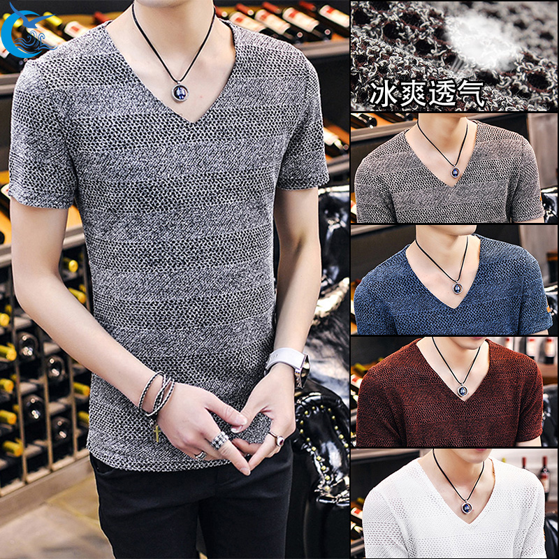 短袖T恤男V领夏季青年韩版半袖男装上衣大码修身体恤镂空打底衫潮