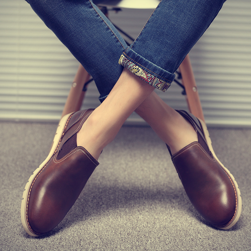 休闲皮鞋男韩版潮流复古乐福鞋男鞋真皮圆头低帮英伦擦色一脚蹬