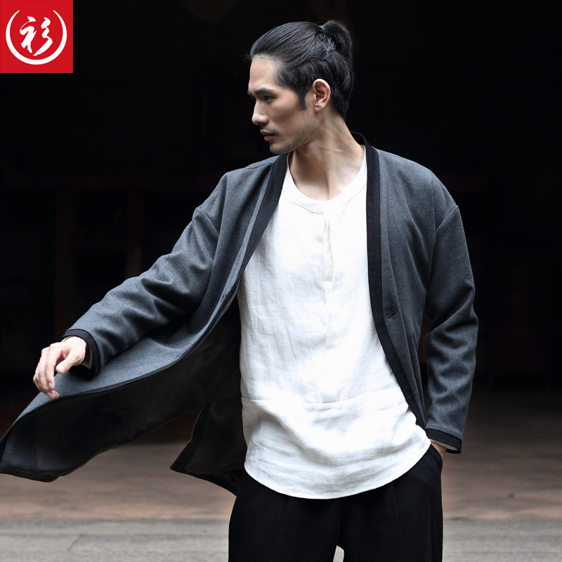 衫仟尺秋冬新款男士唐装加厚长衫汉服外套中国风复古撞色中式长袍