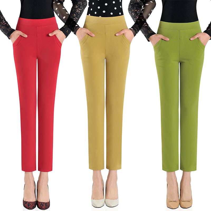 春夏中年女裤高腰小直筒九分裤女大码弹力休闲裤显瘦妈妈9分裤薄