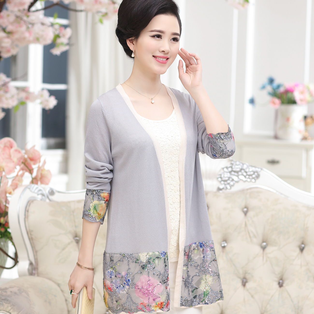 中老年女装春夏装新款开衫外套女妈妈装中长款针织衫时尚宽松上衣