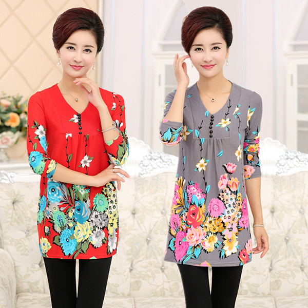 中老年女装春夏装长袖针织衫T恤 中年妈妈装宽松大码中长款打底衫