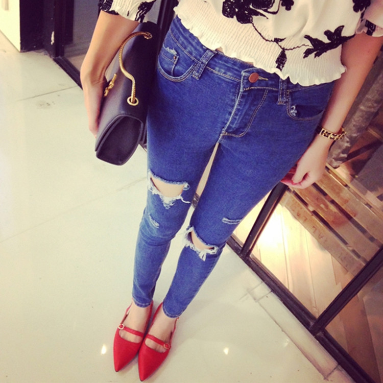 韩版膝盖破洞紧身牛仔长裤女春夏秋修身九分小脚铅笔裤乞丐裤子潮