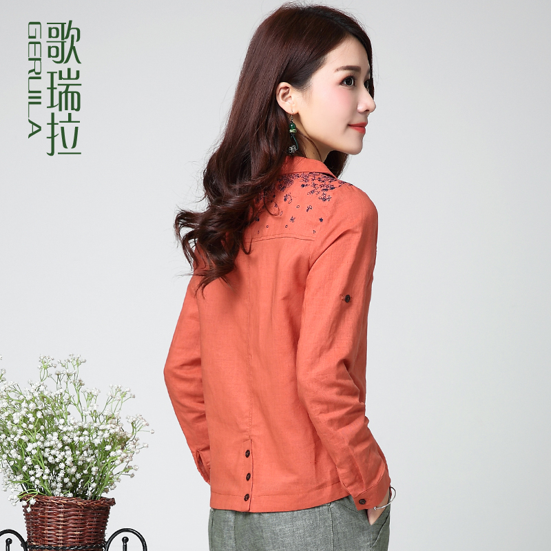 歌瑞拉2016春新款亚麻衬衫 大码长袖宽松女上衣文艺刺绣显瘦T恤