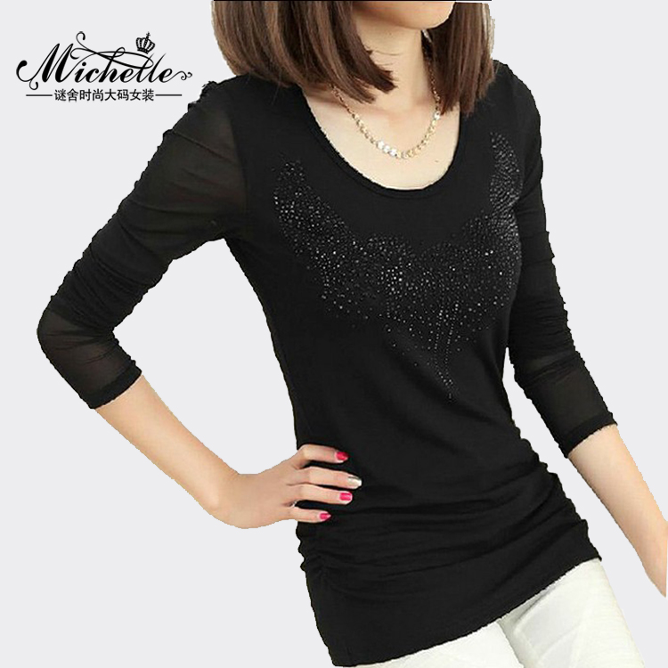 冬季新款网纱加绒百搭中长款打底衫大码修身长袖T恤女装低领上衣