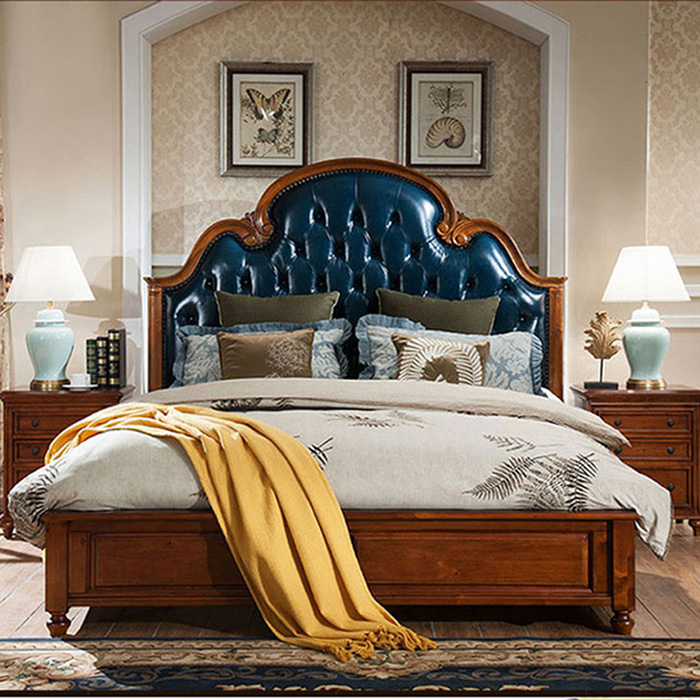 美式全实木床 1.8米双人床婚床卧室真皮大床 软靠复古欧式公主床