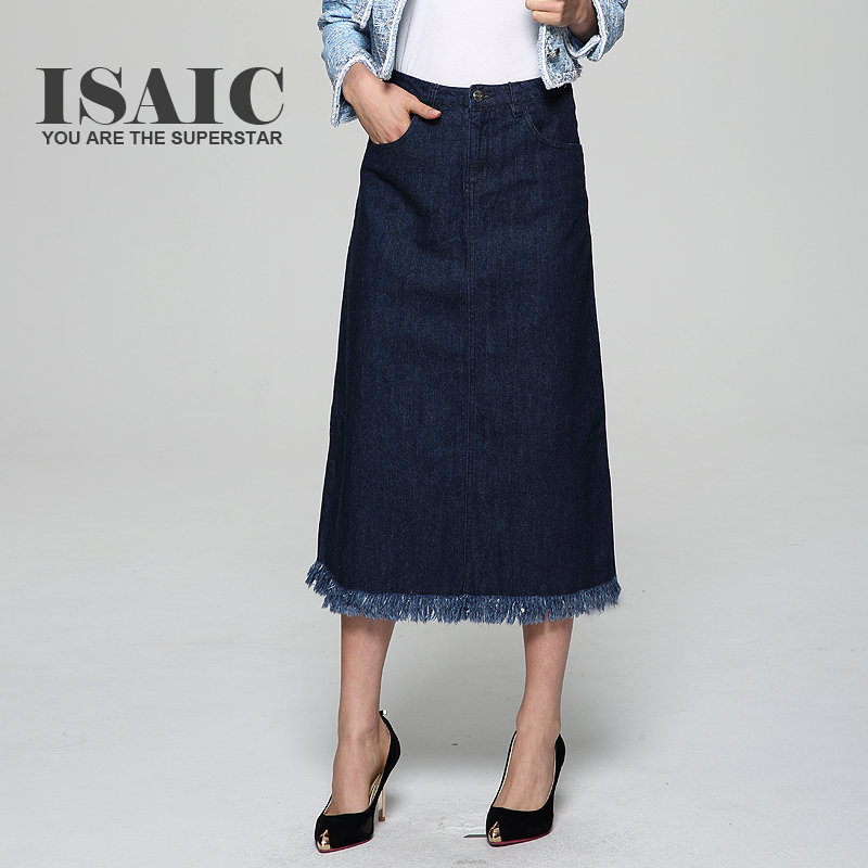 ISAIC 2016春季女装新款高腰A字裙流苏包臀裙中长牛仔裙半身长裙