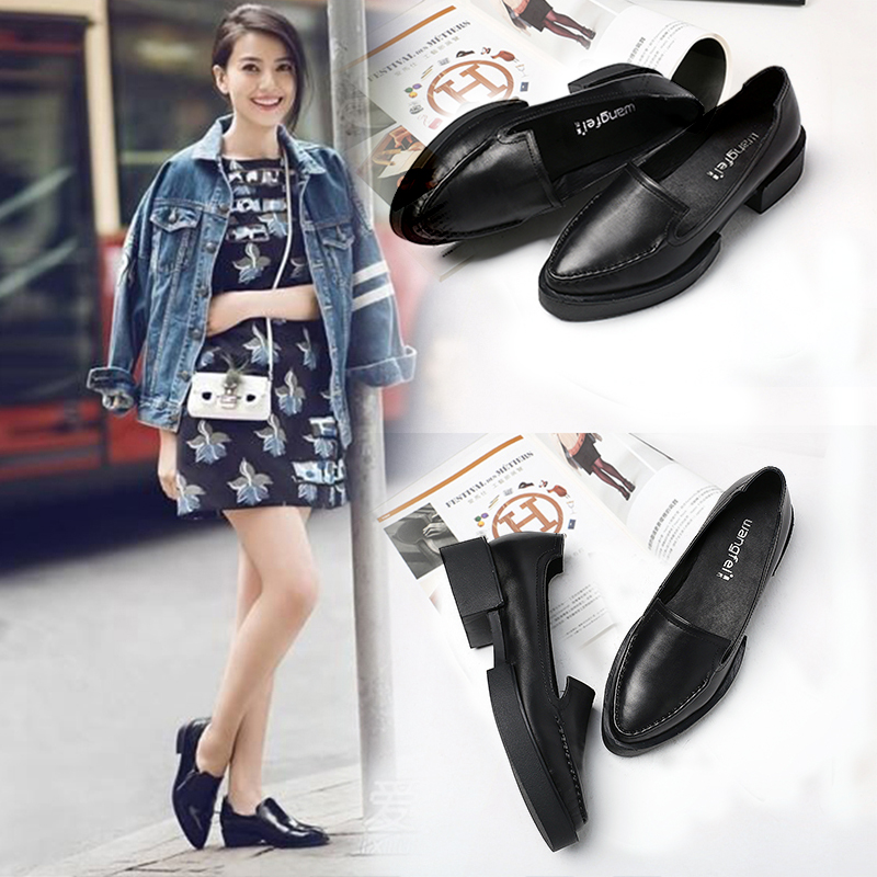 2016春季新款尖头小皮鞋女中跟夏英伦风厚底真皮休闲粗跟浅口单鞋