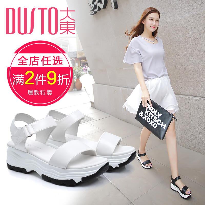 大东2016夏季新款学生潮平底百搭坡跟松糕厚底女鞋中跟运动女凉鞋