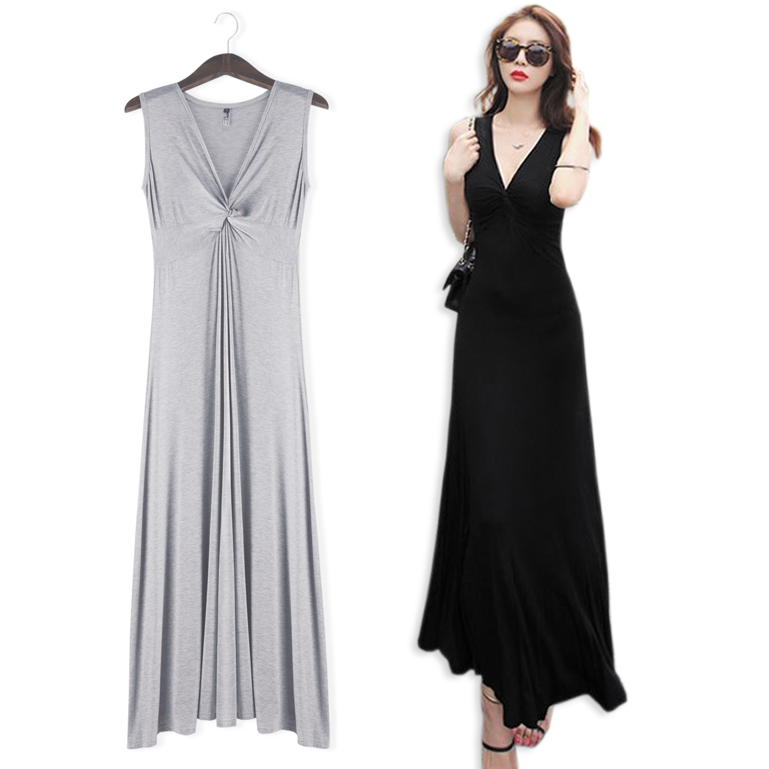 V领莫代尔连衣裙夏新款大摆长裙修身显瘦大码性感无袖背心裙