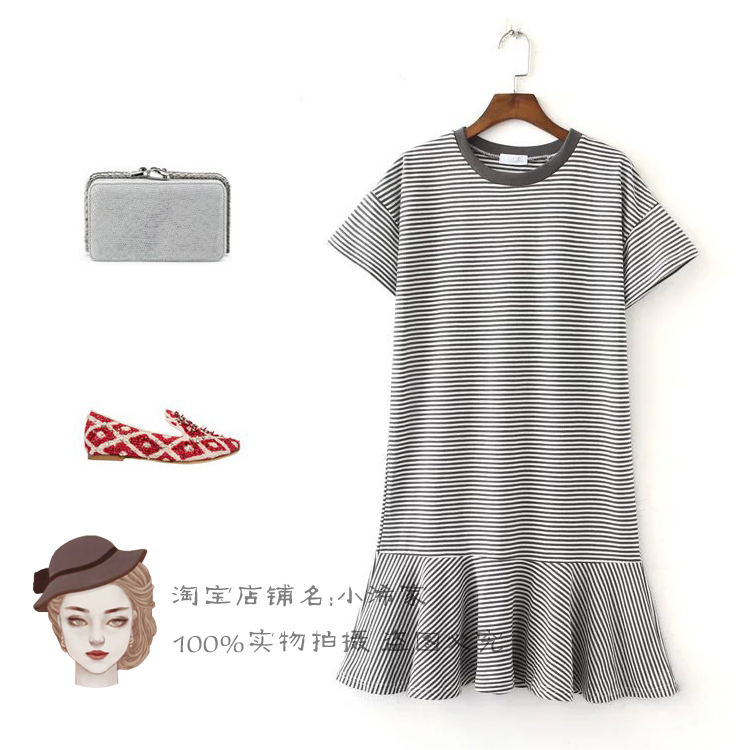 外贸原单剪标尾货大牌出口女装日本余单真品大码条纹荷叶边连衣裙