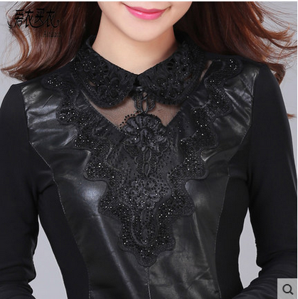 爱衣买衣 2016春装新款加绒打底衫女 短款长袖娃娃领pu皮衣潮8065