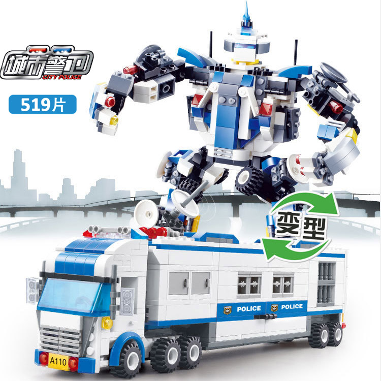乐高式城市警察局变形积木机器人男孩益智军事拼装车启蒙儿童玩具