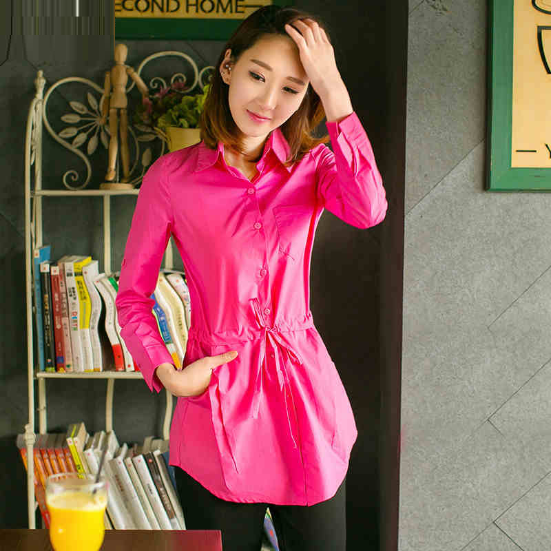 2016春夏时尚新品休闲衬衫女长袖韩版宽松中长款纯色全棉打底衫女
