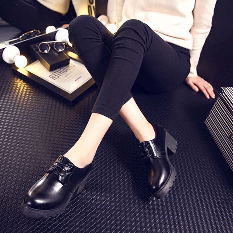 包邮英伦风女鞋黑色皮鞋女高跟中跟学生单鞋学院风夏圆头粗跟职业