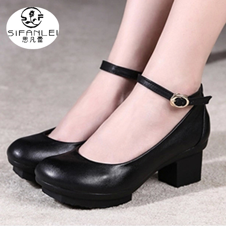 女鞋秋防水台厚底增高潮粗跟真皮圆头浅口中跟休闲特价思凡蕾单鞋