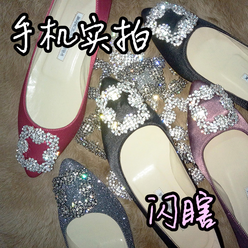 绸缎水钻尖头平底鞋方扣水晶单鞋真皮黑色新娘鞋婚鞋伴娘平跟女