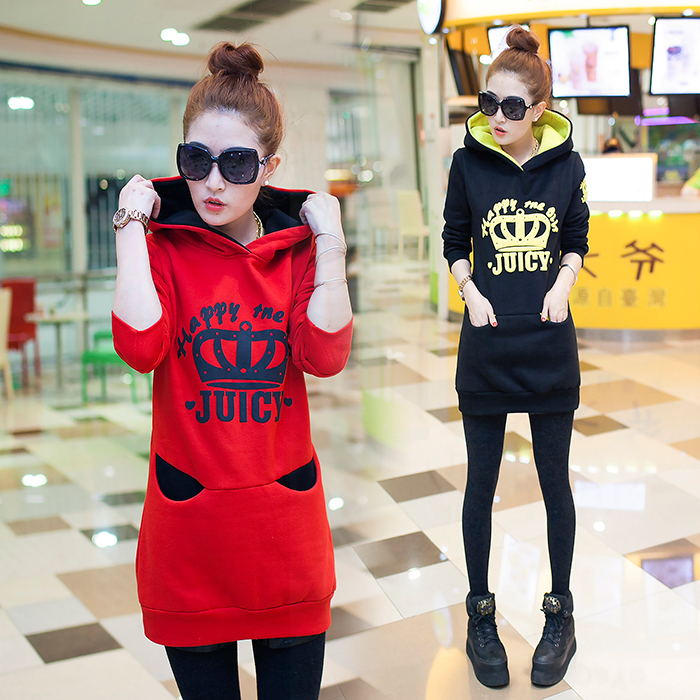 2015秋冬装女士新款加绒加厚修身显瘦中长款外套卫衣女宽松打底裙