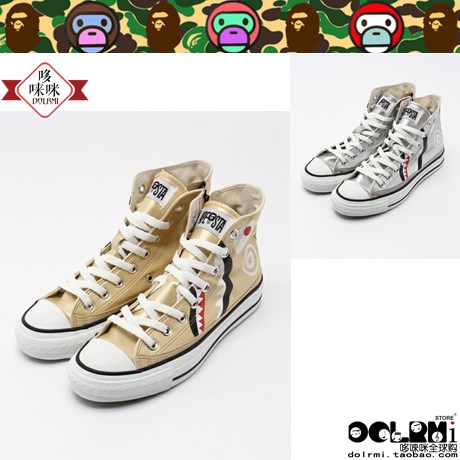 日本代购 BAPE SHARK APE STA HI 烫金鲨鱼男女款高帮帆布鞋