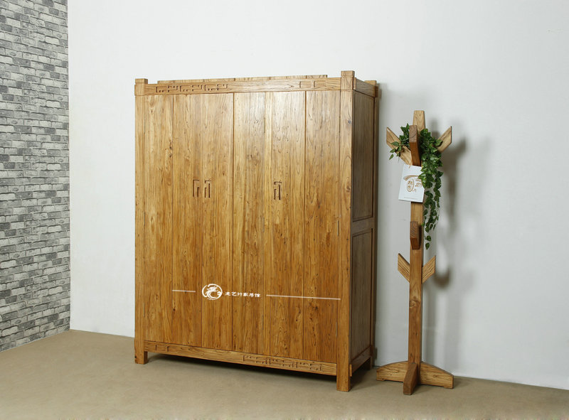 现代卧室3中式老纯三门衣柜实木衣橱榆木