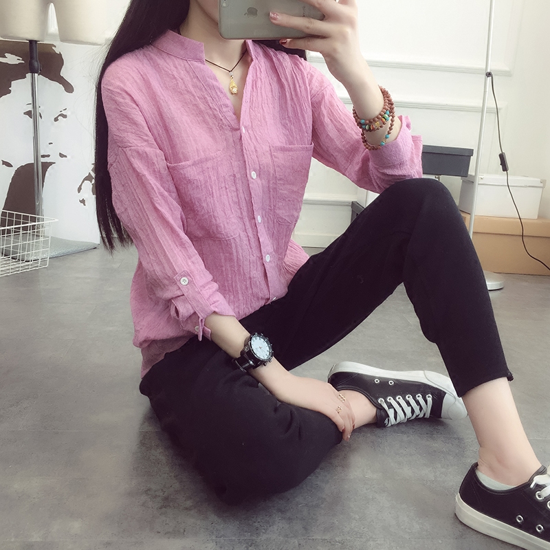 韩版夏季新款防晒衣女棉麻小清新V领长袖百搭衬衣女薄衬衫潮大码