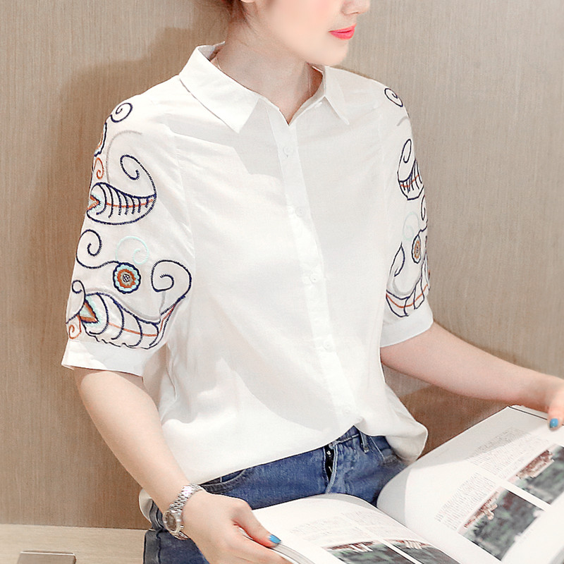 2016夏新款女装刺绣衬衫复古白色修身显瘦短袖纯棉衬衣打底上衣女