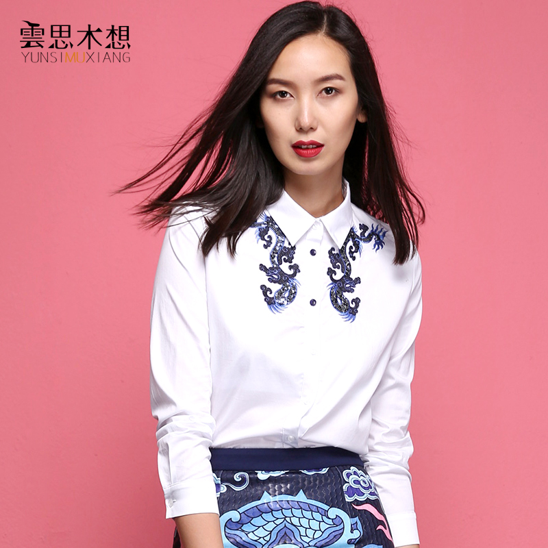 云思木想时尚中国风女装长袖刺绣休闲白衬衫显瘦修身棉衬衣51239