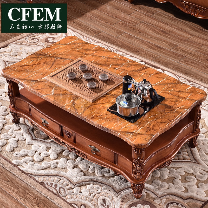 CFEM 欧式大理石茶几实木雕刻长方形客厅大小户型美式功夫茶几