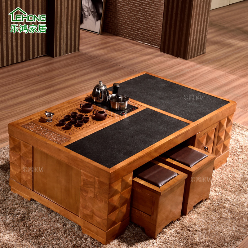 现代中式实木茶几火烧石大理石功夫茶几简约泡茶台茶桌带凳子客厅