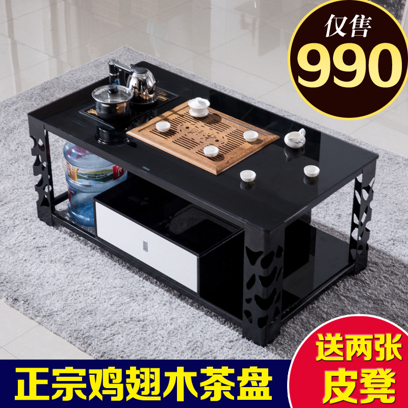 功夫茶几长方形纯黑钢化玻璃全自动上水中式办公客厅宜家简约现代
