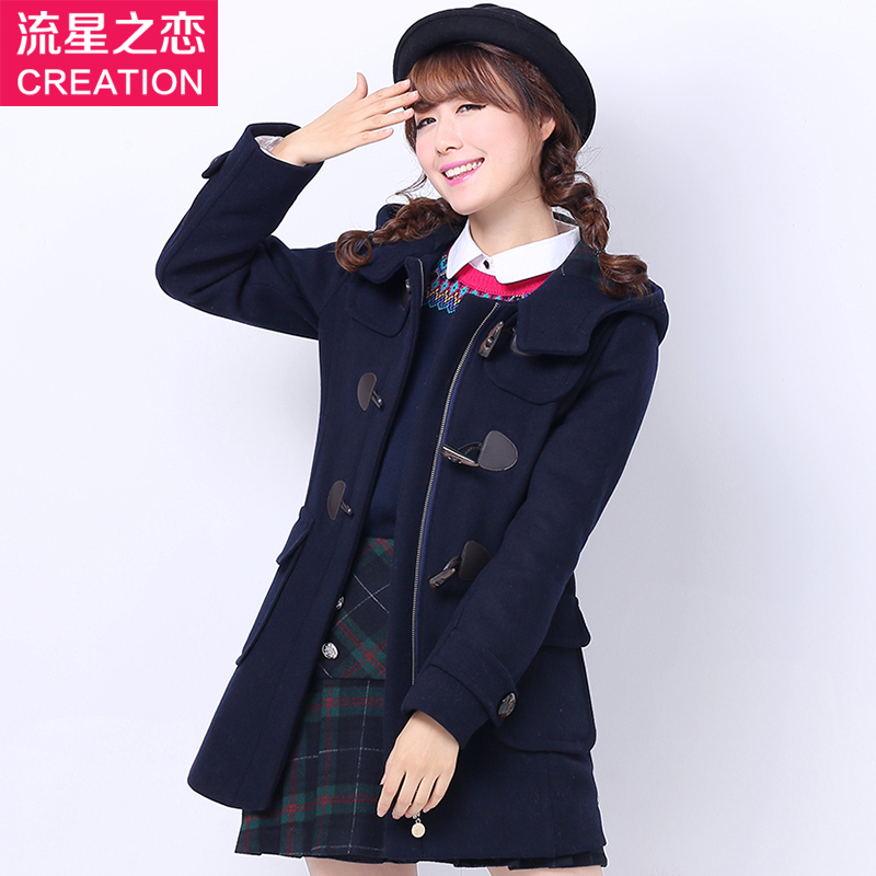 秋冬新款学院风韩版学生牛角扣呢子大衣中长款毛呢外套女修身连帽