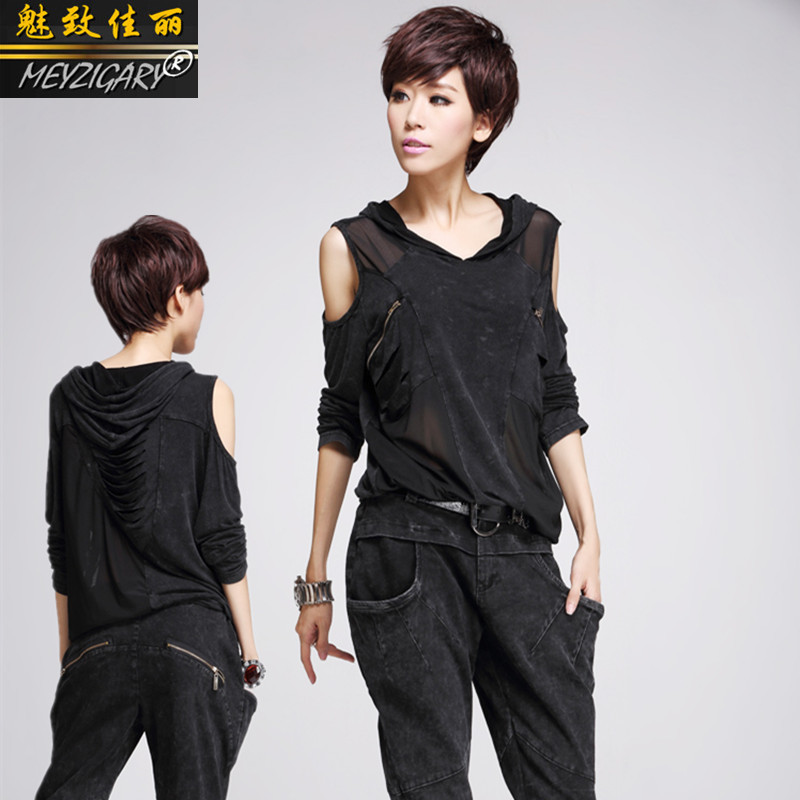 2016春装新款个性女装欧美露肩宽松大码上衣套头带帽长袖t恤女 潮