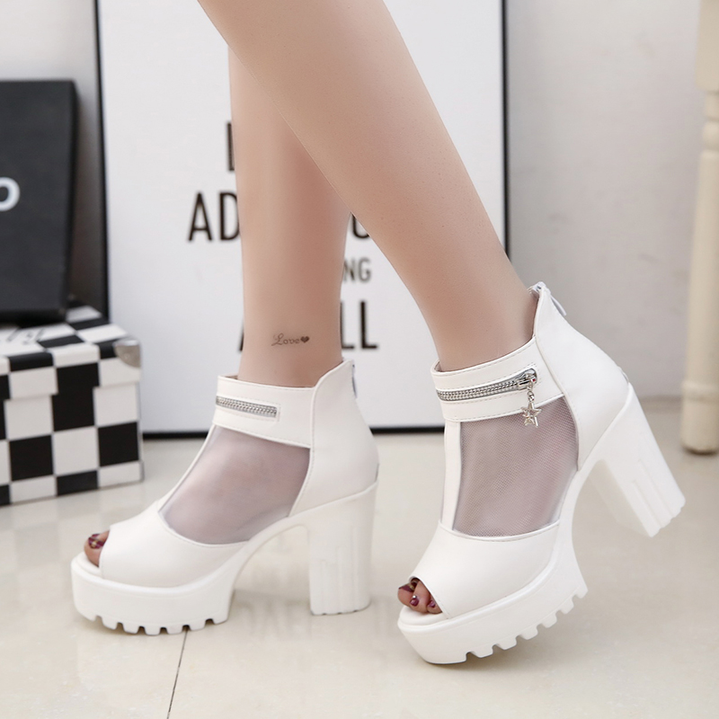 2016春秋时尚鱼嘴短靴女式高跟粗跟凉鞋网纱防水台单鞋透气女鞋子