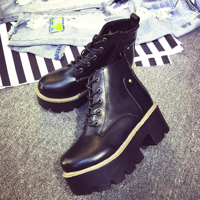 欧美秋鞋 英伦风马丁靴潮女靴子防水台高跟女鞋粗跟短靴冬及踝靴D