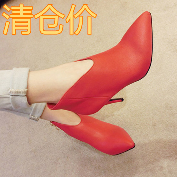 春季新款尖头高跟细跟V口短靴女真皮马丁靴裸靴及踝靴女鞋清仓
