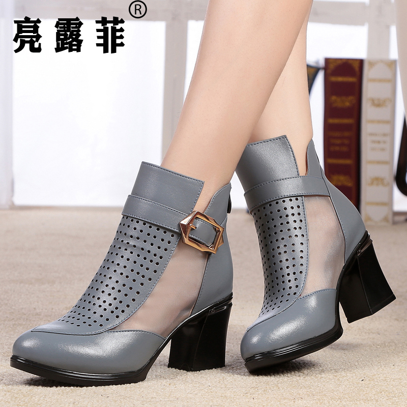 春季网靴高跟女鞋蕾丝单鞋单靴真皮网纱马丁靴凉靴镂空短靴子女靴