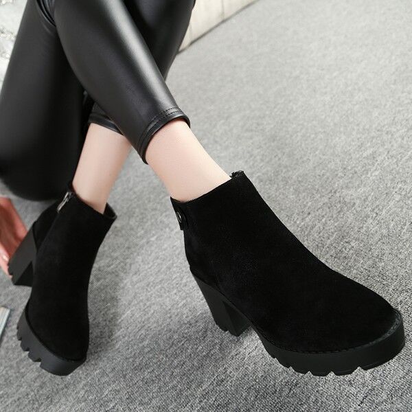 潮女时装2016春季新款女鞋马丁靴粗跟短靴真皮防水台厚底高跟靴子