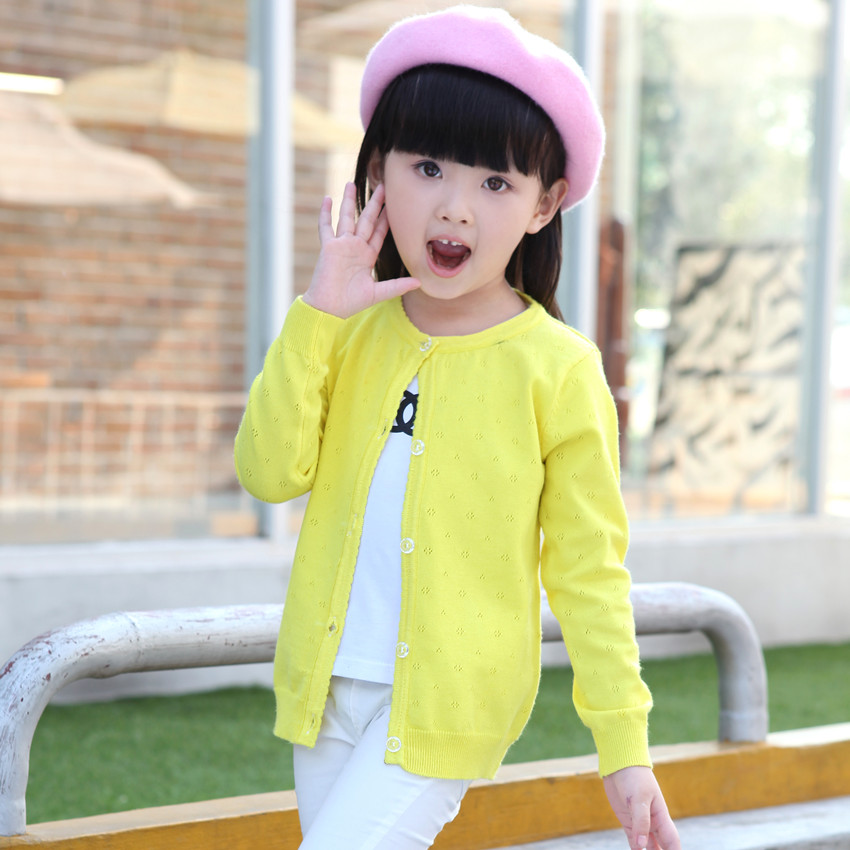 雀宝宝 2016女童春装新款 儿童装毛衣外套女圆领花朵镂空针织开