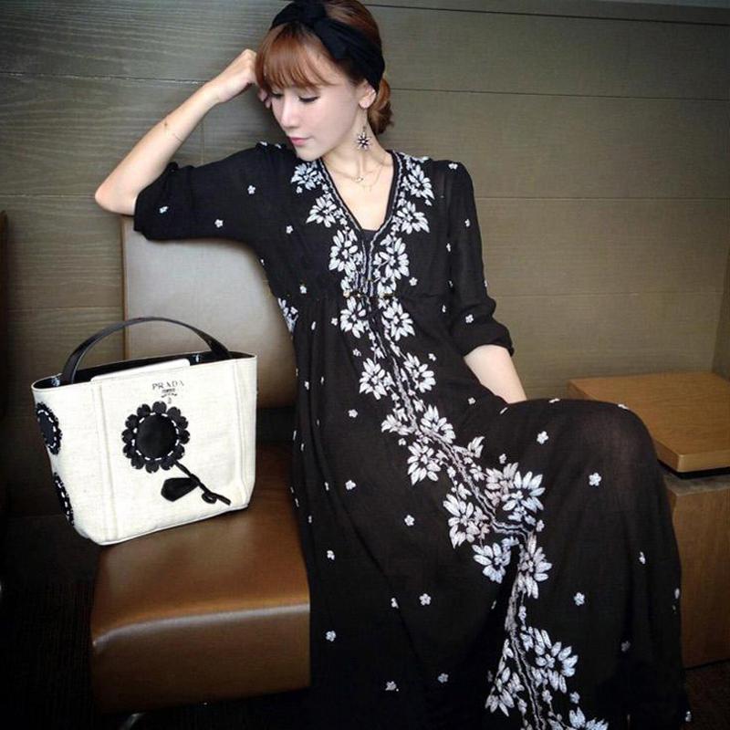 呛口小辣椒夏秋胖MM民族风棉麻刺绣长裙大码女装中长款绣花连衣裙