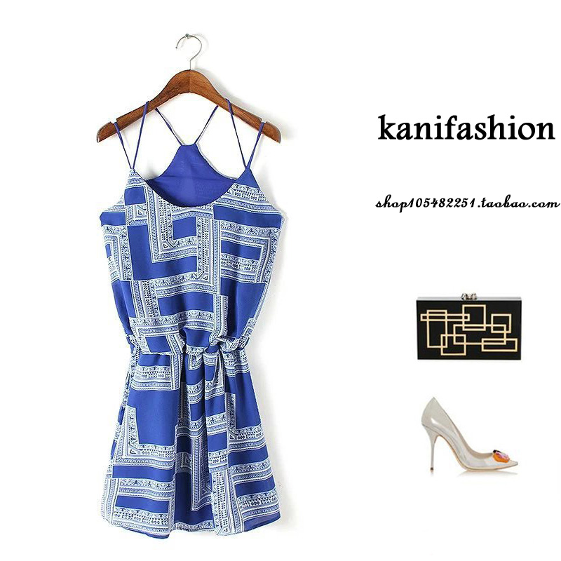 外贸出口原单日本尾单剪标品牌折扣夏女装蓝底格纹印花吊带连衣裙