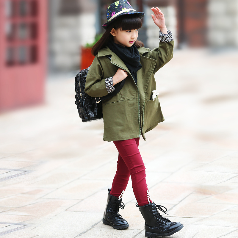 女童风衣全棉冬装2016新款中大童韩版军绿色卡其布秋冬外套6岁