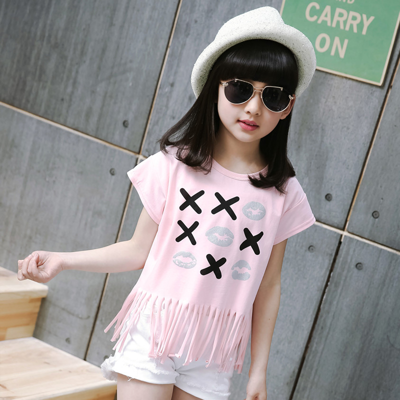 2016夏季 童装女童下摆流苏短袖T恤棉