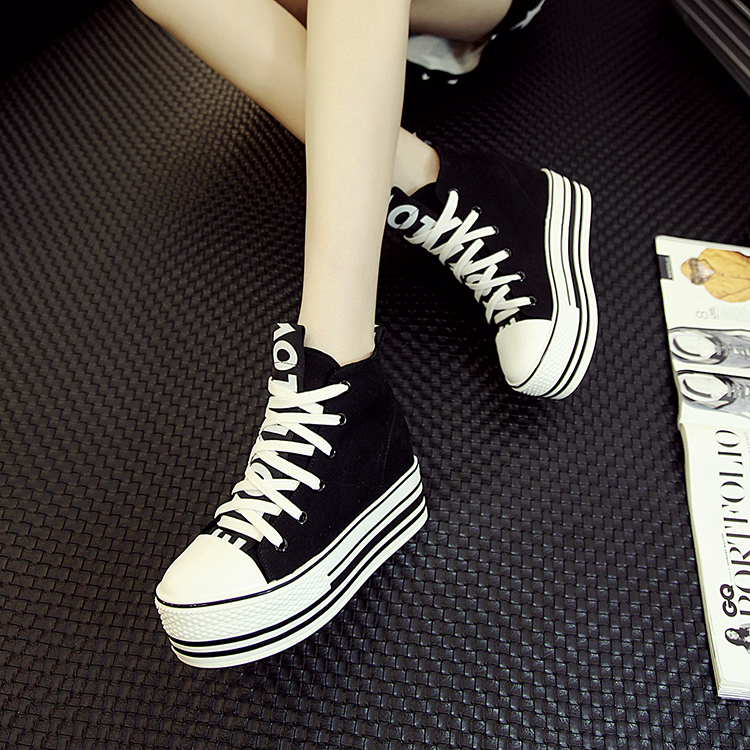 帆布鞋女春2016新款圆头系带高帮鞋百搭内增高坡跟休闲鞋女学生潮