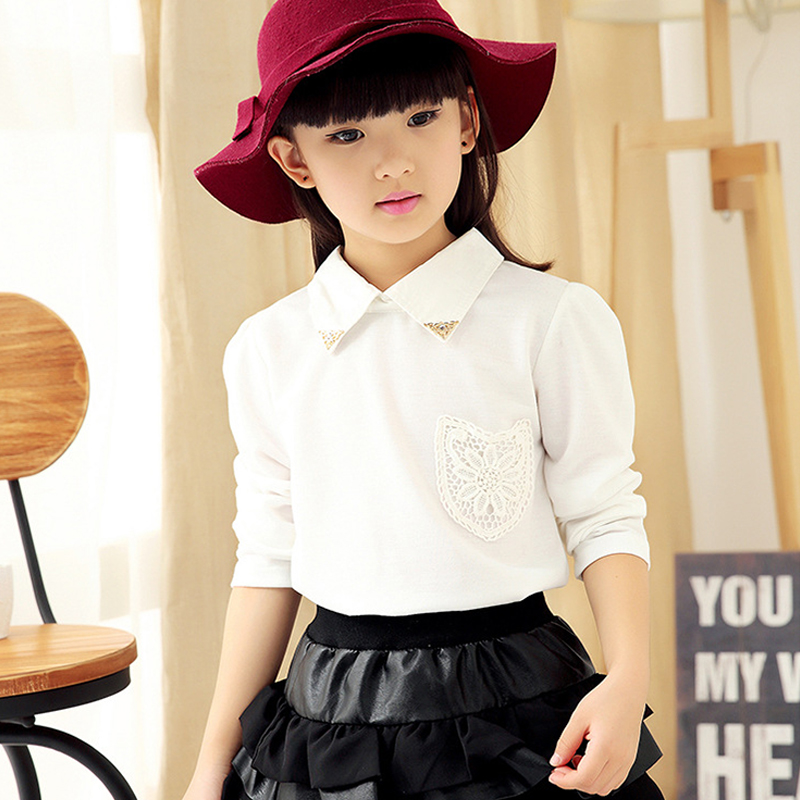 女童白衬衣2016春秋冬装新款儿童翻领领学院百搭长袖棉衬衫花朵饰