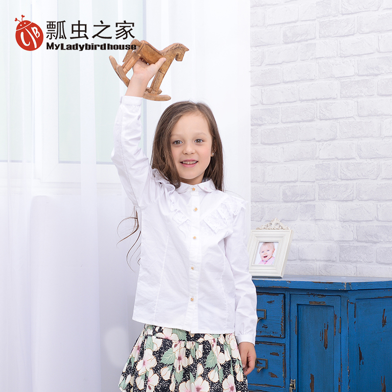 品牌专柜童装女童秋冬款长袖衬衣 儿童大中童白色粉公主翻领衬衫