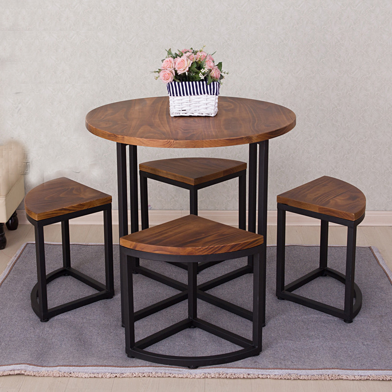 北欧简约铁艺实木做旧餐桌椅组合阳台圆桌茶几铁艺户外桌椅休闲桌